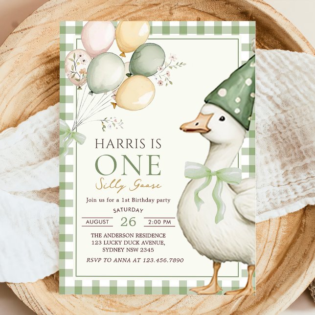 Invitation Un anniversaire de 1 an Silly Goose vert Gingham (Créateur téléchargé)
