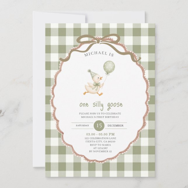 Invitation Un Anniversaire de Goose Idiot Vert Sauge Gingham (Devant)