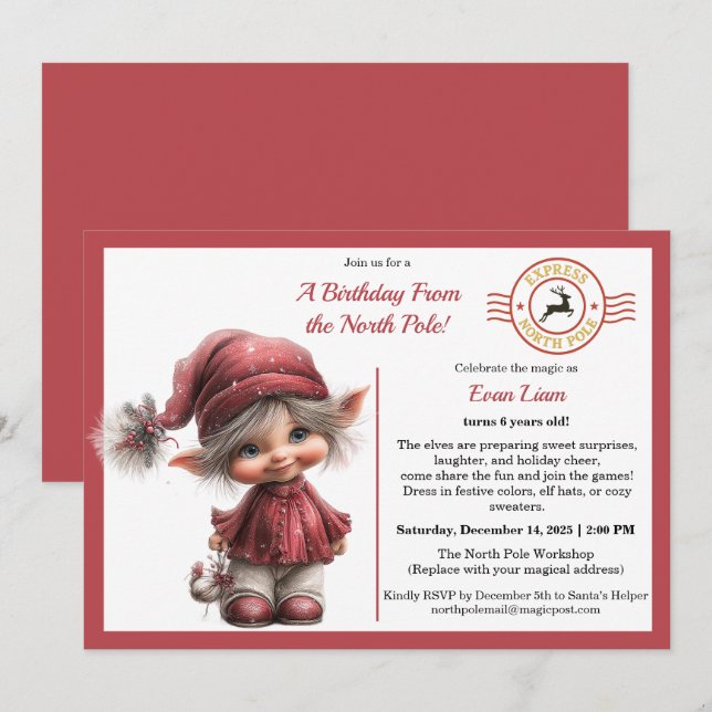 Invitation Un Anniversaire du Pôle Nord | Elf Fantaisiste (Devant / Derrière)