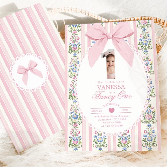Invitation Un anniversaire Fancy One Rose Bow Photo Love 1st (Créateur téléchargé)
