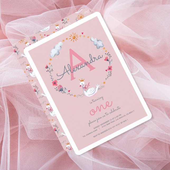 Invitation Un anniversaire fille au monogramme cygne rose (Créateur téléchargé)