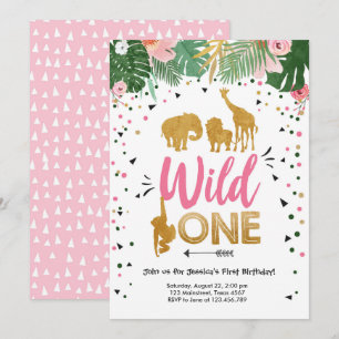 Invitation Un anniversaire sauvage d'animaux de rose de fille