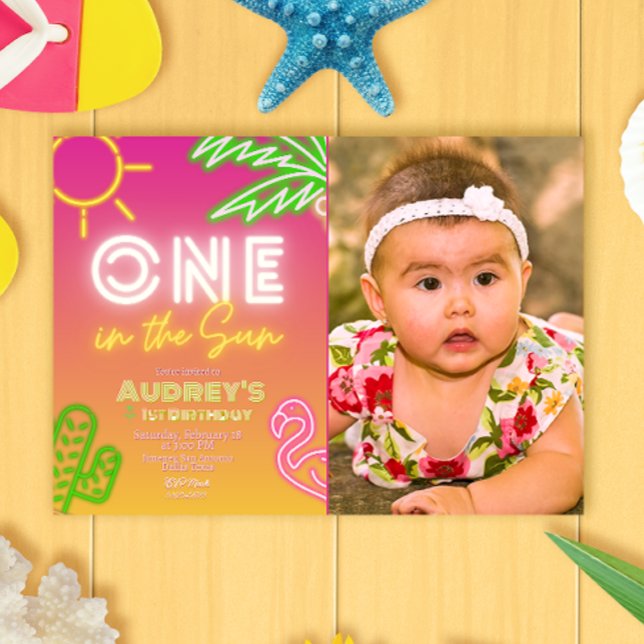 Invitation Un au soleil - 1er anniversaire (One in the Sun - 1st Birthday Invitation with Photo Picture Landscape)