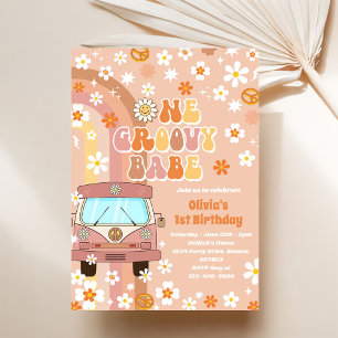 Invitation Un Babe Retro Super Arc-en-ciel 1er anniversaire