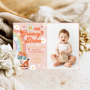 Invitation Un Babe Retro Super Arc-en-ciel 1er anniversaire P