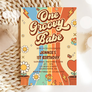 Invitation Un Babe Retro Super Rainbow 1er anniversaire