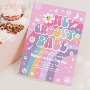 Invitation Un Babe Super Peace Love Party Rainbow Birthday