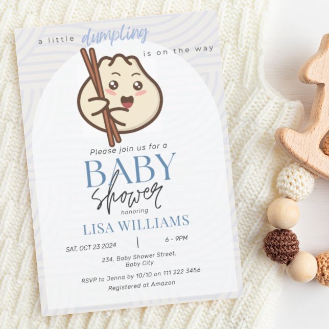 Invitation Un Baby shower Asiatique Dusty Bao Bao Bleu Doux (Little Dumpling Is On Its Way Dusty Blue Cute Kawaii Asian Baby Shower Invitation)