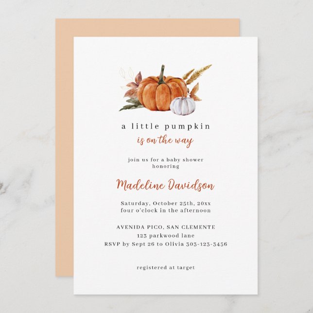 Invitation Un Baby shower Automne Un Peu Citrouille (Devant / Derrière)