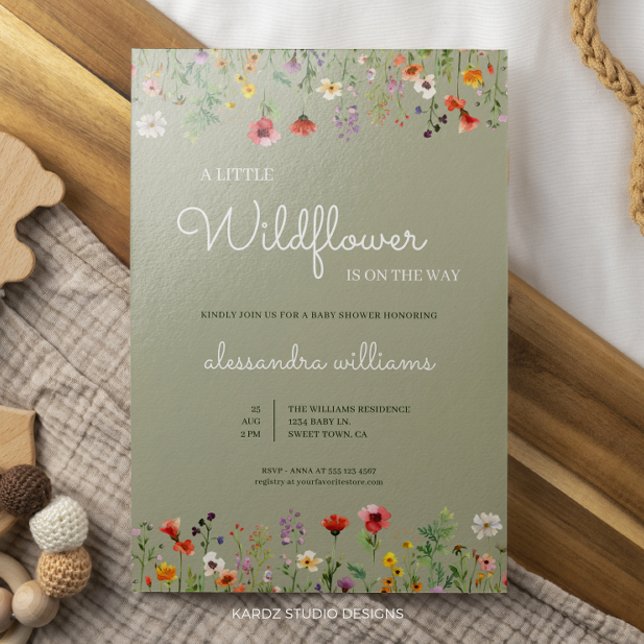 Invitation Un Baby shower Boho Un Peu Fleur sauvage (Little Wildflower invitation ideal for a baby boy or gender neutral baby shower celebration.)