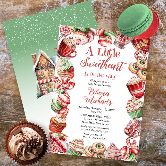 Invitation Un Baby shower-cadre de boulangerie un peu amoureu ("A Little Sweetheart Is On Her Way" Christmas Holiday Candy Frame Girl Baby Shower Invitation)