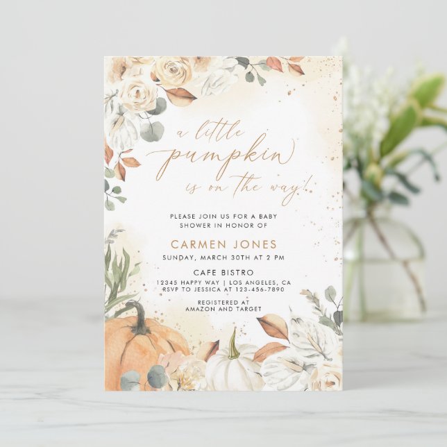 Invitation Un Baby shower D'Automne Un Peu Citrouille Neutre  (Debout devant)