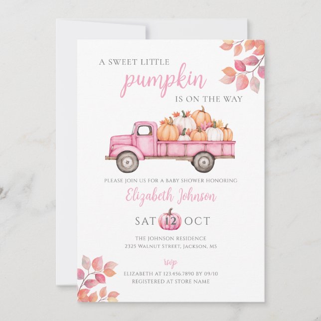 Invitation Un Baby shower de fille rose Citrouille doux (Devant)