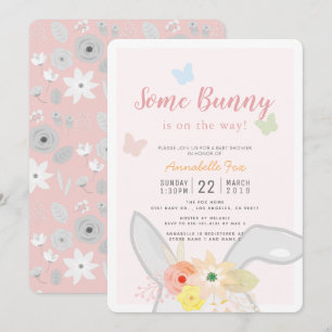 Invitation Un Baby shower de Papillon Floral Gris Rose Bunny