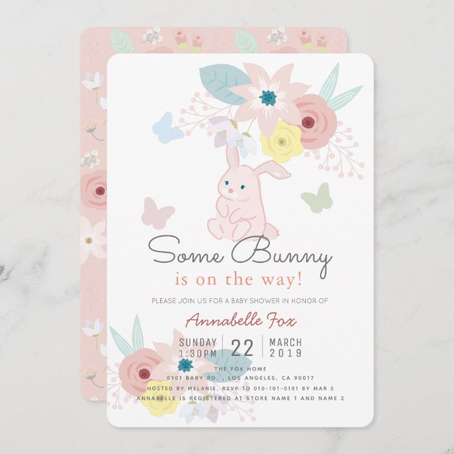 Invitation Un Baby shower de Papillon Floral Rose Bunny (Devant / Derrière)