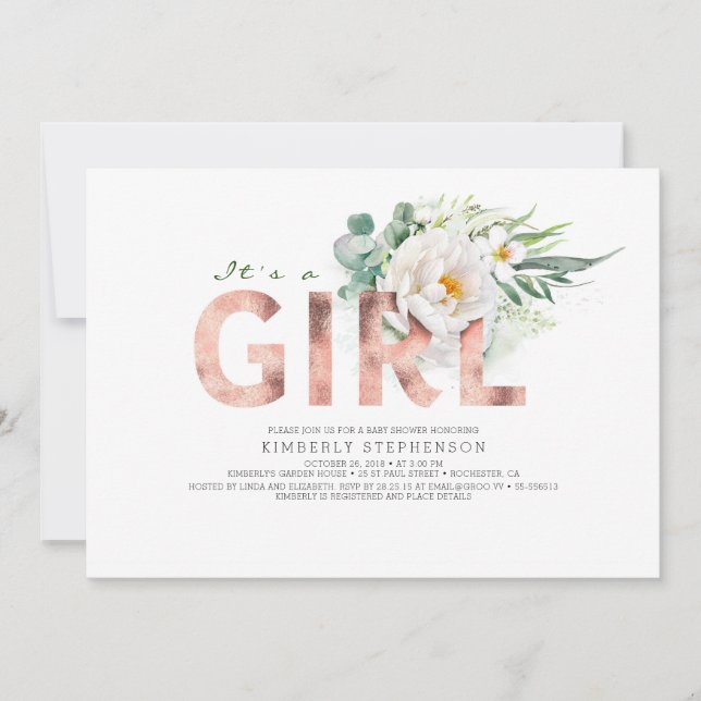Invitation Un Baby shower de typographie or Rose floral fille (Devant)