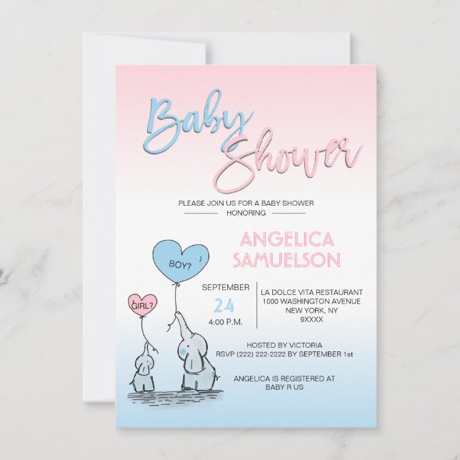 Invitation Un Baby shower d'éléphant neutre révélant un genre (Devant)