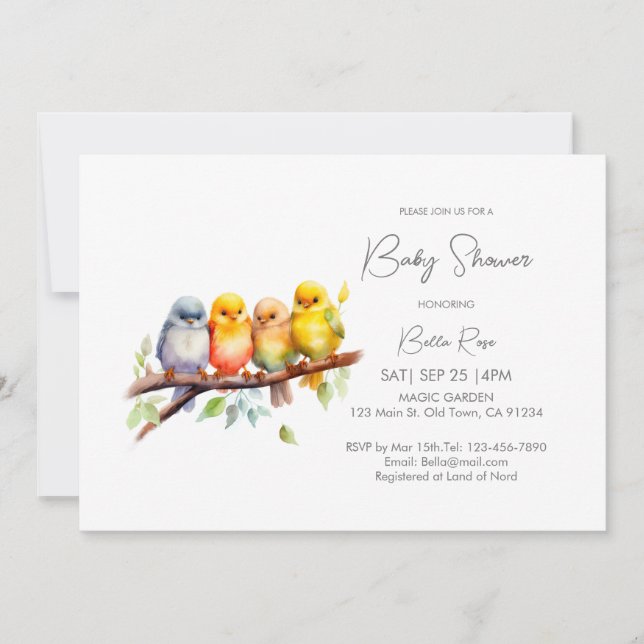 Invitation Un Baby shower d'oiseaux neutre pour le genre mign (Devant)