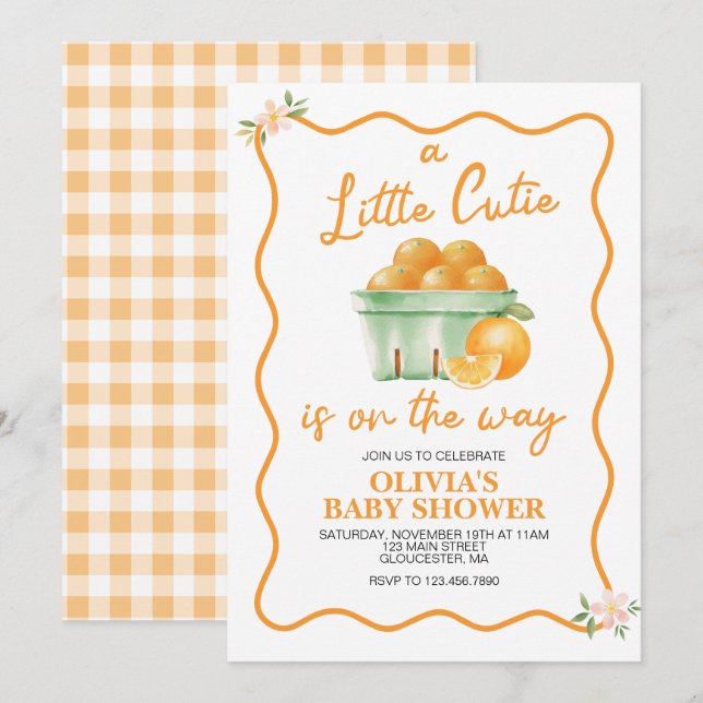Invitation Un Baby shower en plaid orange Little Cutie (Devant / Derrière)