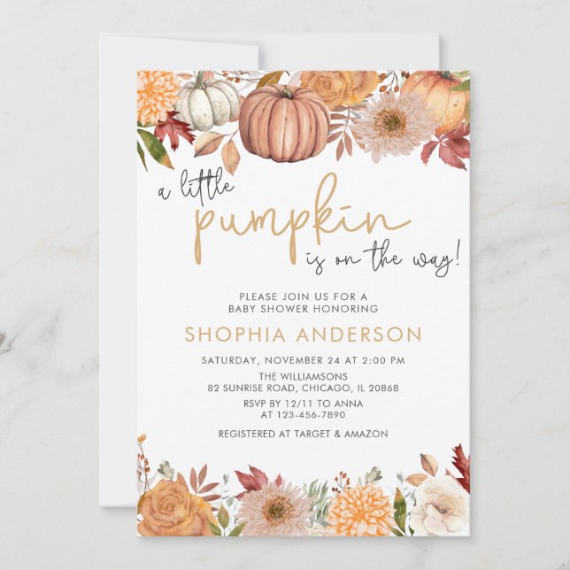 Invitation Un Baby shower Floral D'Automne Un Peu Citrouille (Devant)