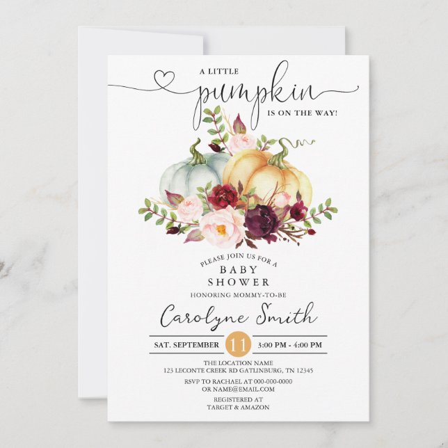 Invitation Un Baby shower Floral De Chute Un Peu Citrouille (Devant)
