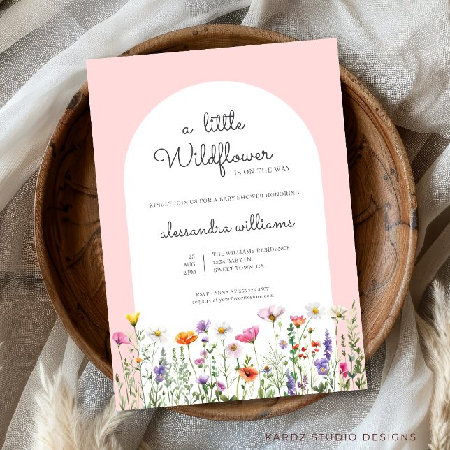 Invitation Un Baby shower Floral Rose Un Peu Fleur sauvage (A little wildflower is on the way baby shower invitation, personalize easily this template online.)