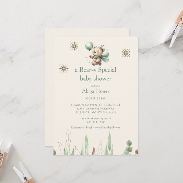 Invitation Un Baby shower Neutre À Crème Spéciale Ours (Devant/Arrière en situation)