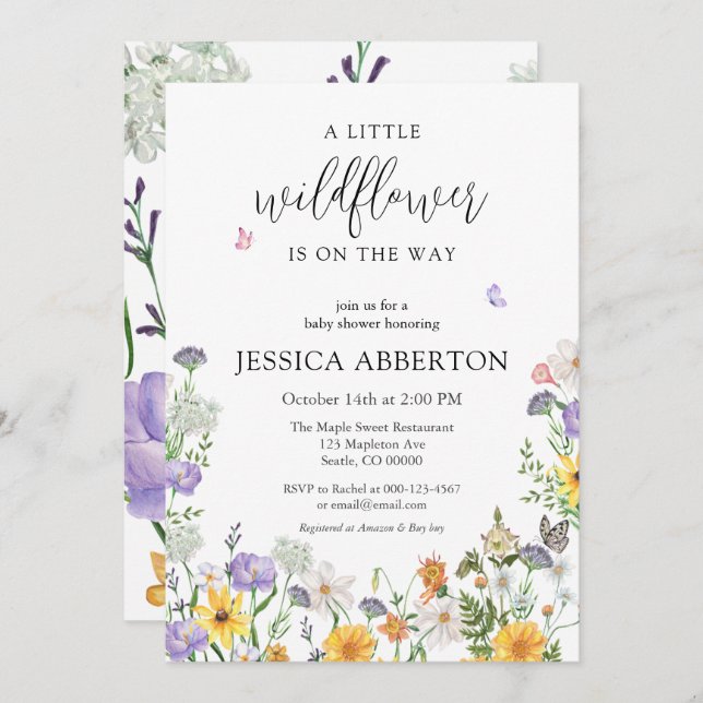 Invitation Un Baby shower neutre bleu rose Fleur sauvage (Devant / Derrière)