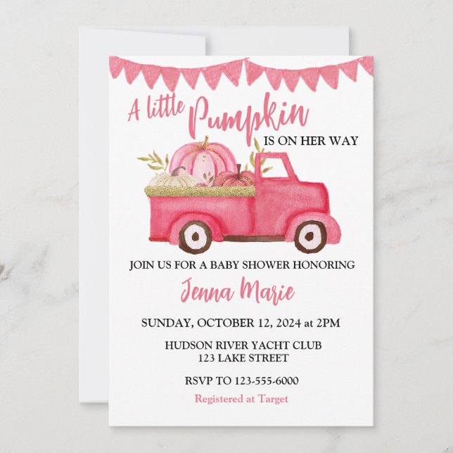 Invitation Un BABY SHOWER Rustique Rustique De Camion Rose Un (Devant)