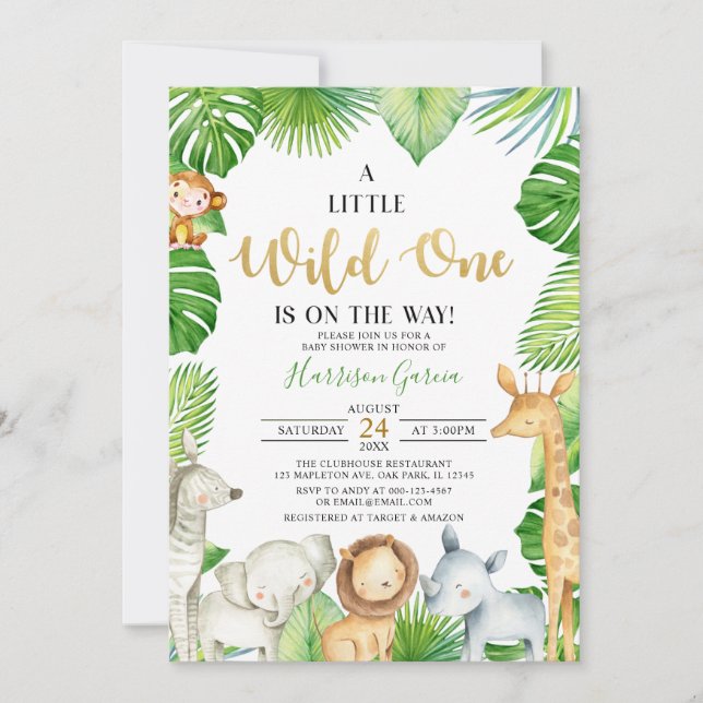 Invitation Un Baby shower sauvage d'animaux de la Jungle (Devant)