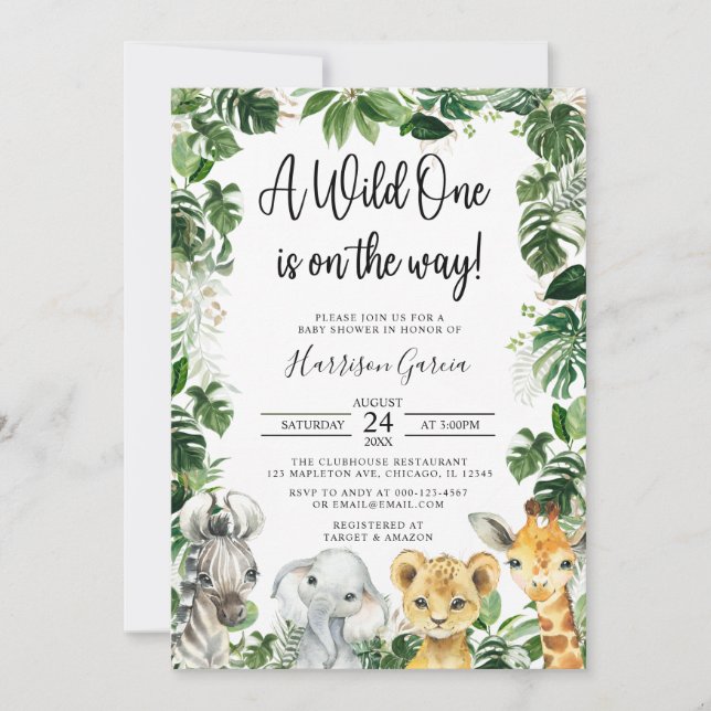 Invitation Un Baby shower sauvage de Safari Jungle Animaux (Devant)
