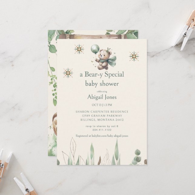 Invitation Un Baby shower spécial crème à l'ours (Devant/Arrière en situation)