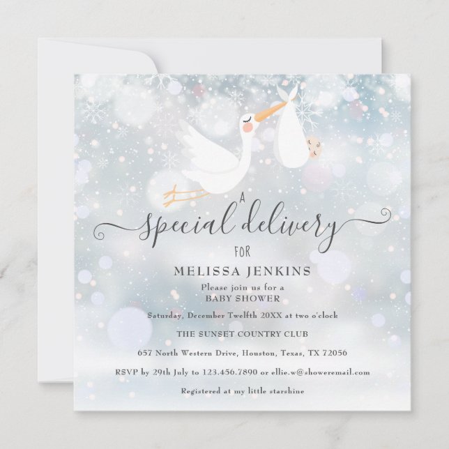 Invitation Un Baby shower spécial d'hiver de la cigogne (Devant)