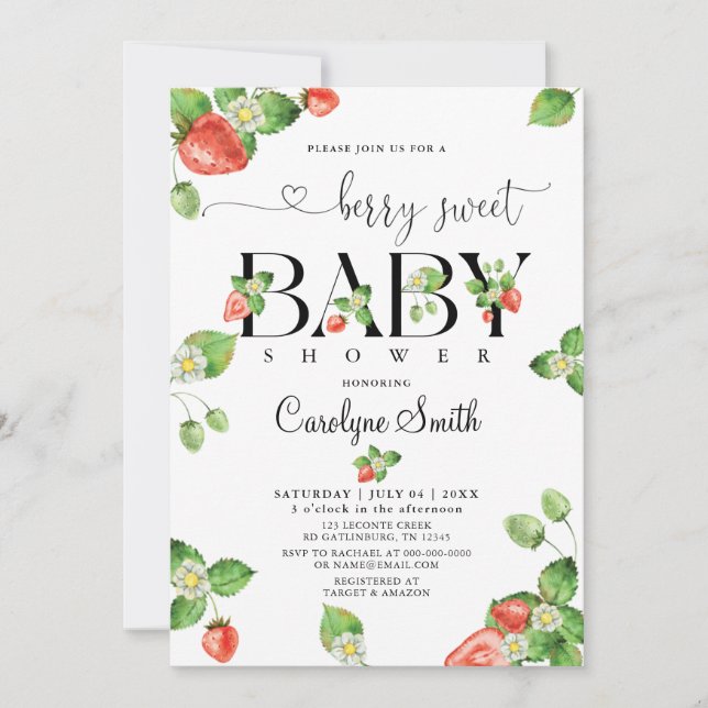 Invitation Un Baby shower sucré aux fraises (Devant)