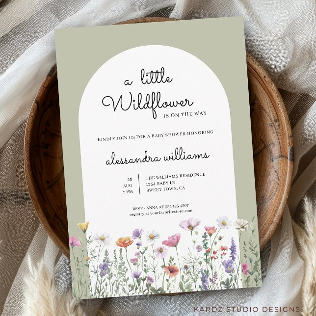 Invitation Un Baby shower Vert Sage Un Peu Fleur sauvage (Front of the invitation shown in 5x7-inch. Choose size, paper, and corner style.
)
