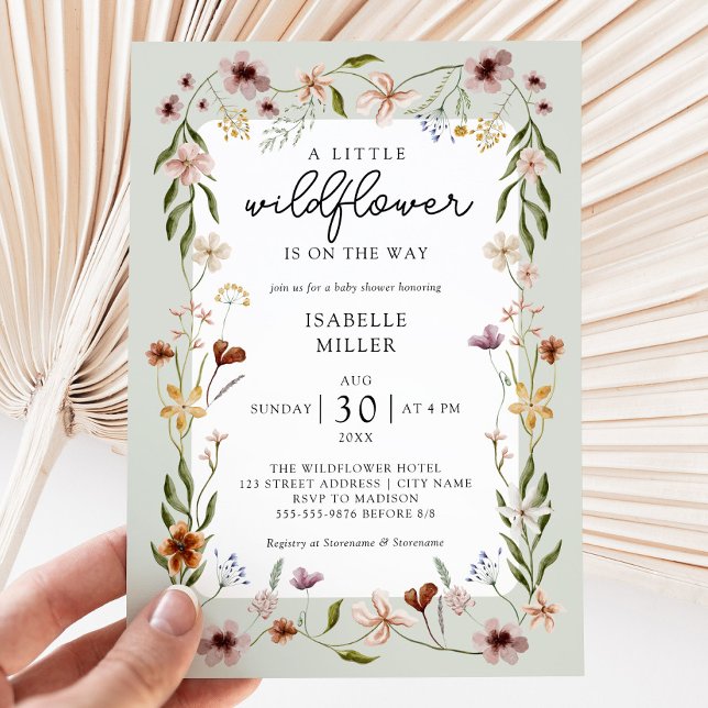 Invitation Un Baby shower Vert Sage Un Peu Fleur sauvage (A Little Wildflower Sage Green Baby Shower Invitation)