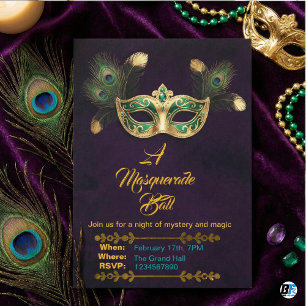 Invitation Un Bal Masqué Paon Or Émeraude