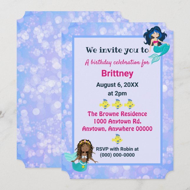 Invitation Un beau design bokee d'anniversaire de sirène (Devant / Derrière)