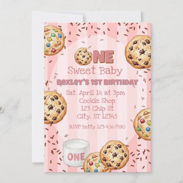 Invitation Un bébé adorable, gâteau rose pour le 1er annivers (Devant)