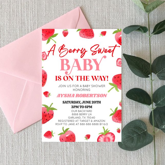 Invitation Un Bébé Berry Sweet Baby shower rouge fraise rose (Créateur téléchargé)