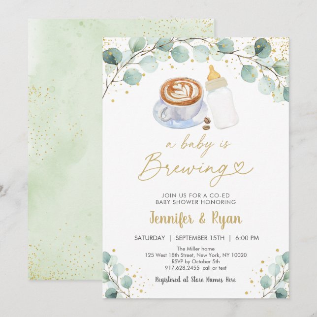 Invitation Un Bébé brasse du Baby shower de café vert (Devant / Derrière)