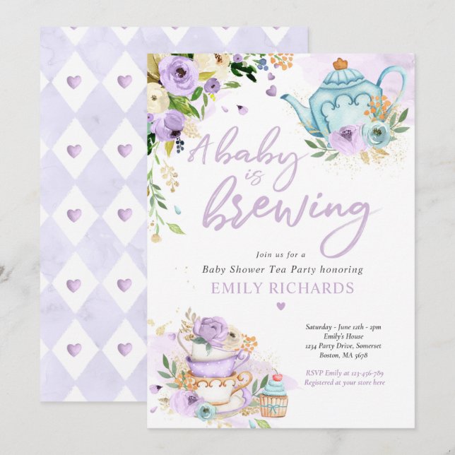 Invitation Un Bébé Brasse Du Baby shower De Tea Party Violet (Devant / Derrière)