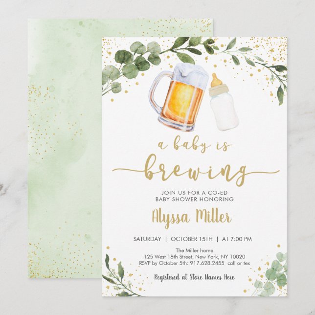 Invitation Un Bébé brasse du Baby shower d'or de verdure (Devant / Derrière)