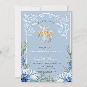 Invitation Un bébé brasse du thé à Baby shower bleu fleur