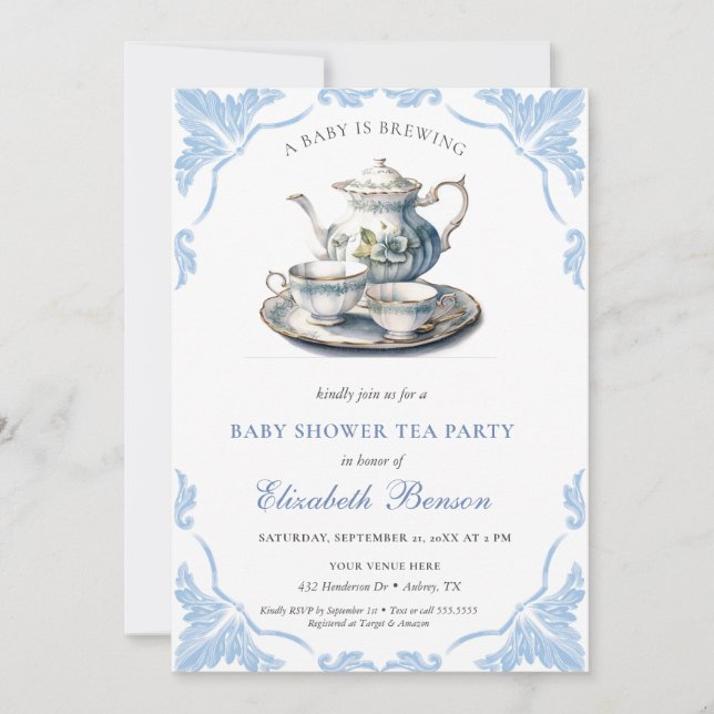 Invitation Un bébé brasse du thé à Baby shower bleu fleur (Devant)
