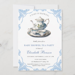 Invitation Un bébé brasse du thé à Baby shower bleu fleur