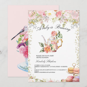 Invitation Un bébé brasse du thé au Baby shower à fleurs rous