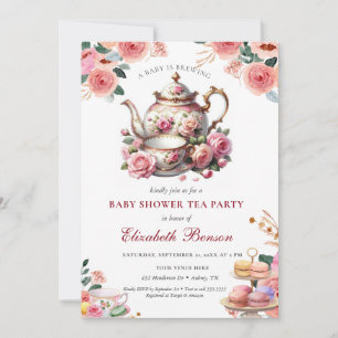 Invitation Un bébé brasse du thé au Baby shower à fleurs rous