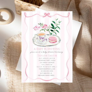 Invitation Un Bébé Brasse Fancy Macaron Pink Bow Tea Party