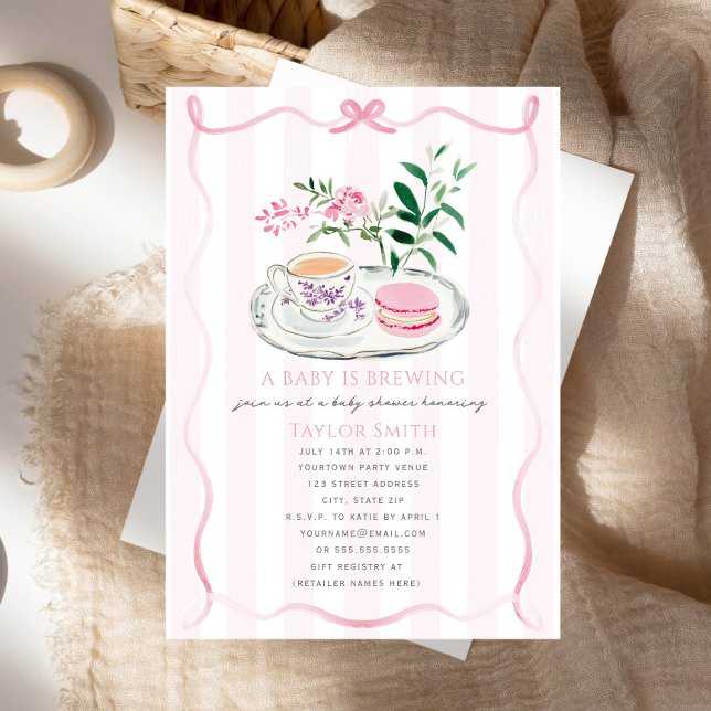 Invitation Un Bébé Brasse Fancy Macaron Pink Bow Tea Party (Créateur téléchargé)